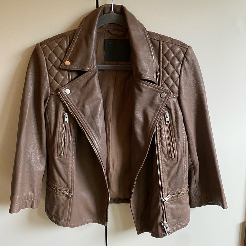 All Saints brown leather biker motorcycle jacket 6